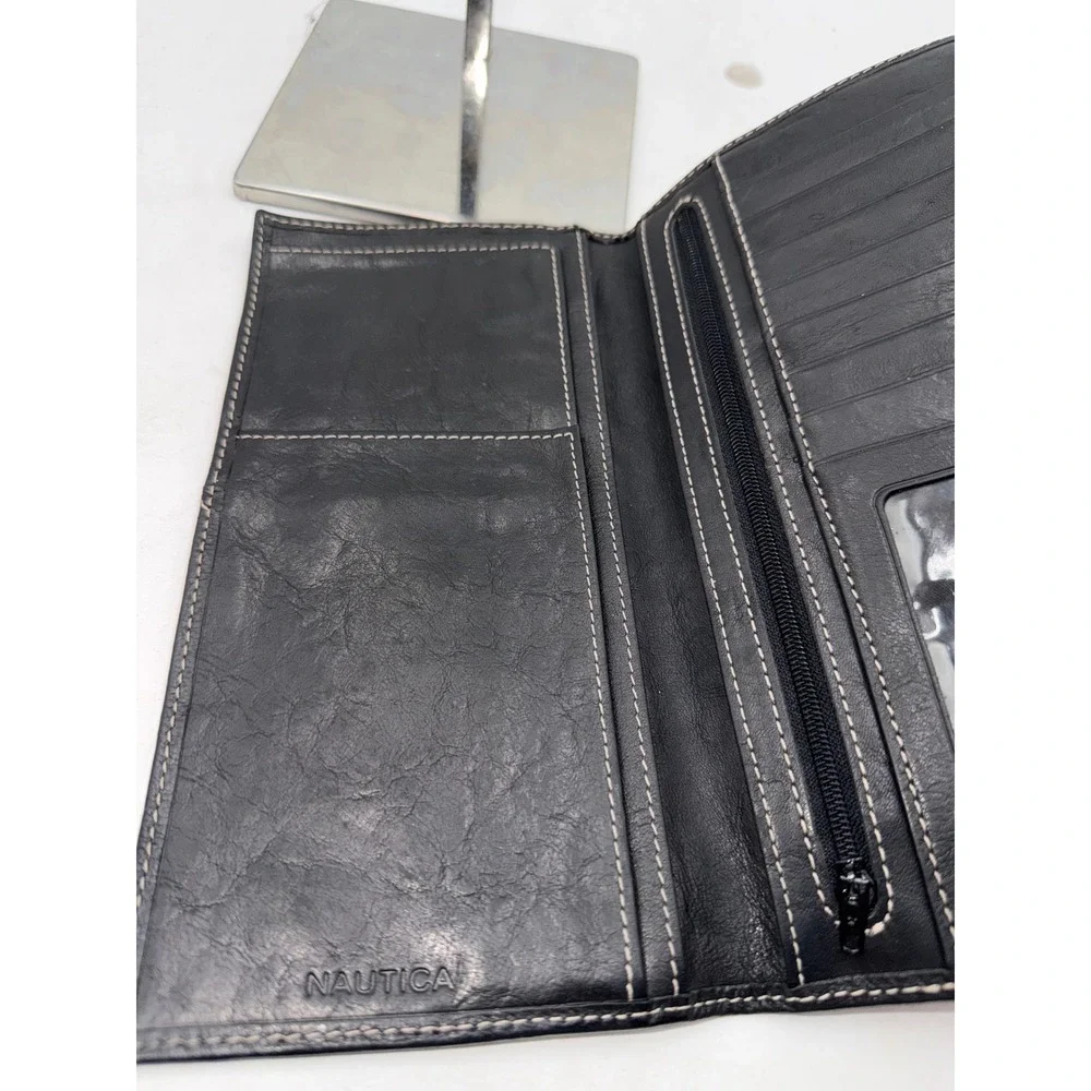 Nautica Mens Black Leather Trifold Checkbook Wallet with Contrast Stitching